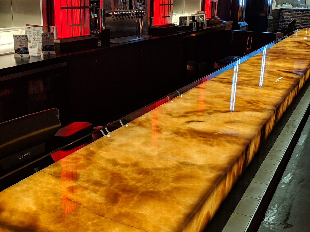 Backlit onyx bar top with Tuffskin protection